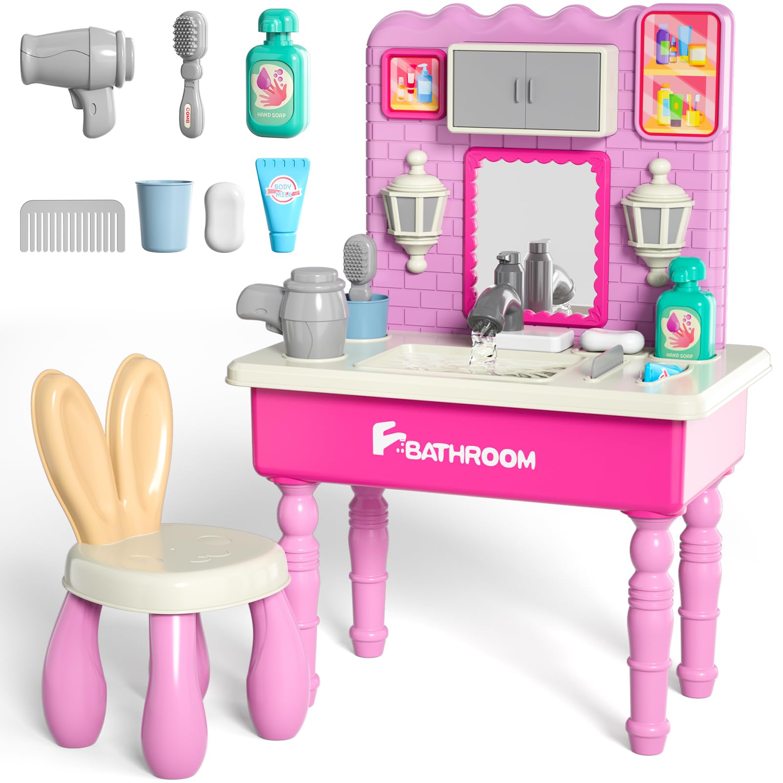 Lucky Doug Pretend Play Sink Toys for Kids, Bathroom Sink Toy with Running Water, Girls Vanity with Mirror and Stool for Kids Ages 3 4 5 6 7 Year olds