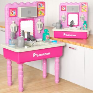 Lucky Doug Pretend Play Sink Toys for Kids, Bathroom Sink Toy with Running Water, Girls Vanity with Mirror and Stool for Kids Ages 3 4 5 6 7 Year olds