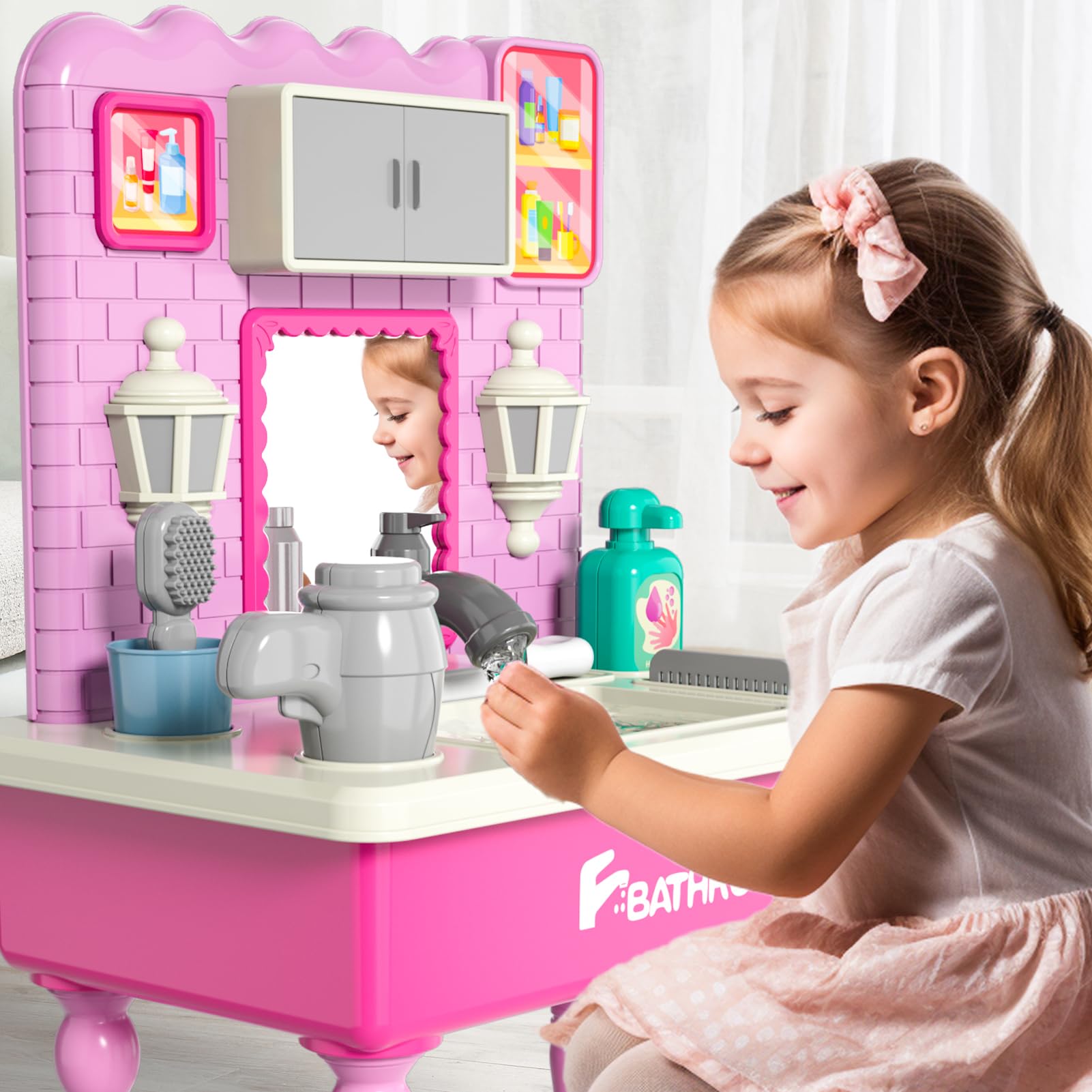 Lucky Doug Pretend Play Sink Toys for Kids, Bathroom Sink Toy with Running Water, Girls Vanity with Mirror and Stool for Kids Ages 3 4 5 6 7 Year olds