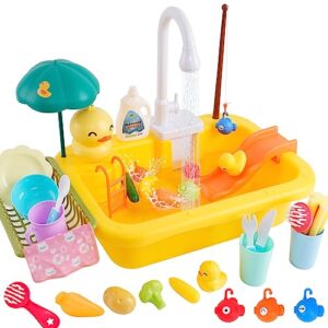 play sink with running water, kitchen sink toys play kitchen toy with fake food & kitchenware, pool floating fishing toys for water play, kids role play dishwasher toy (duck sink)