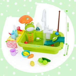 EAPURA Kids Kitchen Sink Toy Set, 47PCS Kitchen Sink Toy with Upgraded Electric Faucet, Frog Swimming Pool Floating Fishing Toy, Children's Role-Playing Dishwasher Toy.