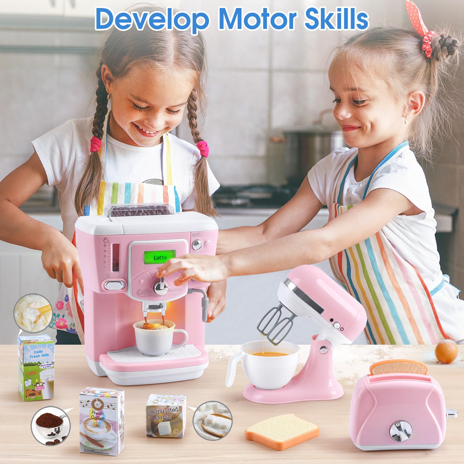 Play Kitchen Appliances Toys - Kids Kitchen Playset Accessories Pretend Kitchen Play for Toddlers 3-5 Large Coffee Maker, Mixer, Toaster with Realistic Sound Play Kitchen for Kids Ages 4-8 Gift