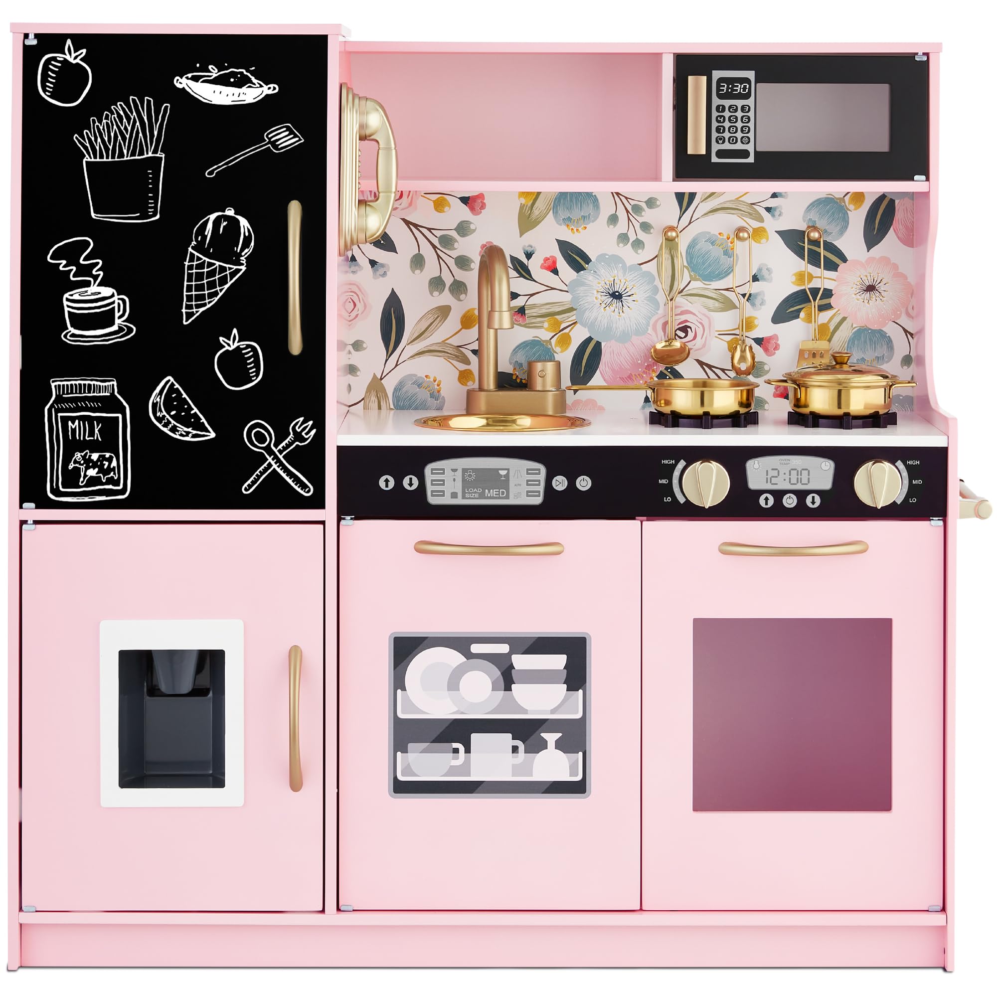 Best Choice Products Pretend Play Kitchen Wooden Toy Set for Kids w/Realistic Design, Telephone, Utensils, Oven, Microwave, Sink - Pink Floral