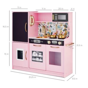 Best Choice Products Pretend Play Kitchen Wooden Toy Set for Kids w/Realistic Design, Telephone, Utensils, Oven, Microwave, Sink - Pink Floral