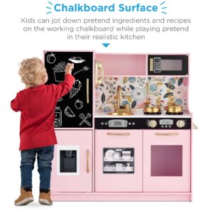 Best Choice Products Pretend Play Kitchen Wooden Toy Set for Kids w/Realistic Design, Telephone, Utensils, Oven, Microwave, Sink - Pink Floral