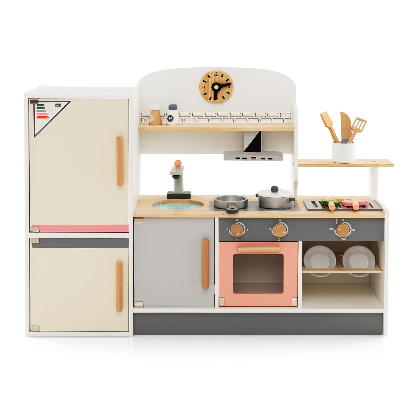 Costzon Kids Kitchen Playset, Pretend Play Kitchen with Refrigerator, BBQ Grill, Oven, Range Hood, Faucet & Sink, Dish Rack, Wooden Toy Kitchen Set for Toddlers, Gift for Boys Girls Age 3+ (One-Piece)