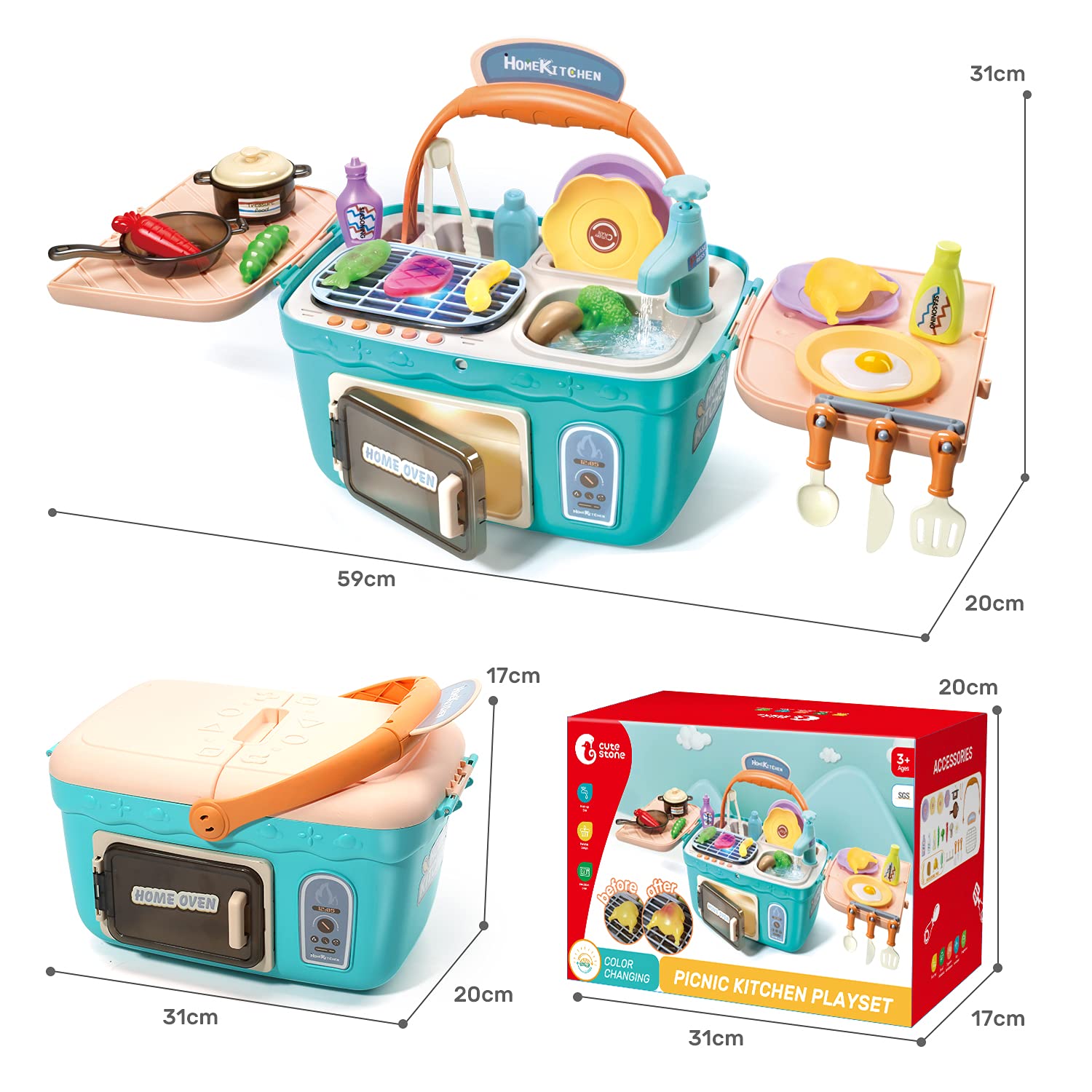 CUTE STONE Kids Picnic & Kitchen Playset,Portable Pinic Basket with Musics & Lights, Color Changing Play Foods, Sink,Pretend Play Oven and Other Accessories Toys for Boys and Girls