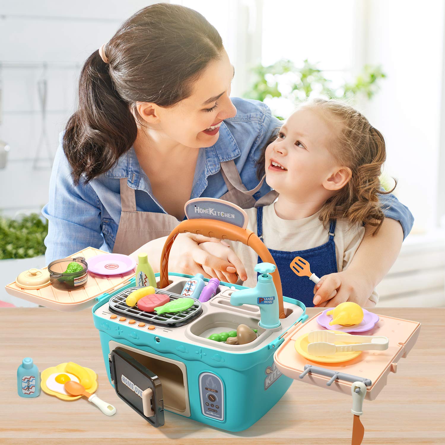 CUTE STONE Kids Picnic & Kitchen Playset,Portable Pinic Basket with Musics & Lights, Color Changing Play Foods, Sink,Pretend Play Oven and Other Accessories Toys for Boys and Girls