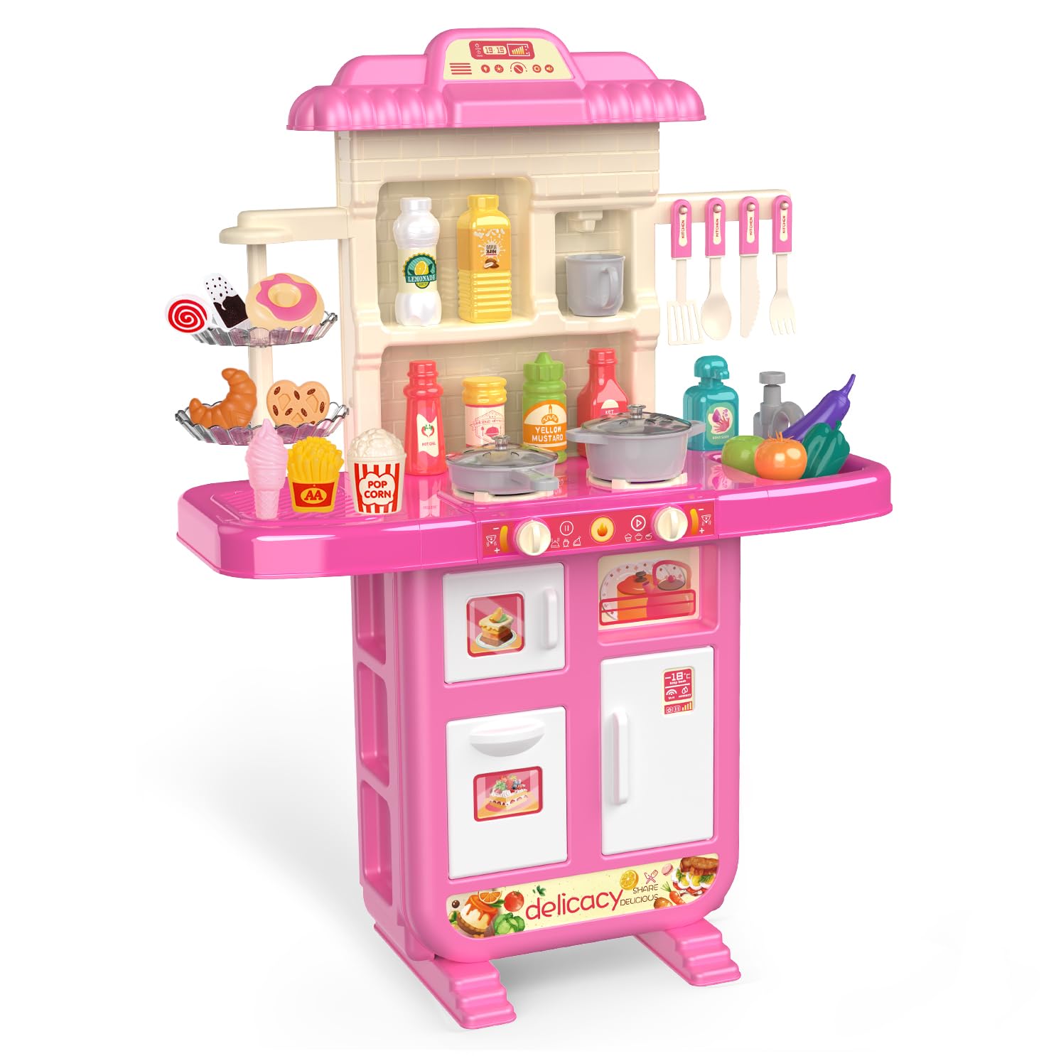 Play Kitchen Girls Toy Pretend Food - Kitchen Toys for Kids Ages 4-8, Kitchen Set for Toddlers 1-3, Play Kitchen Accessories w/Real Sounds Light, for Girls Boys Age 2 3 4 5 6 7