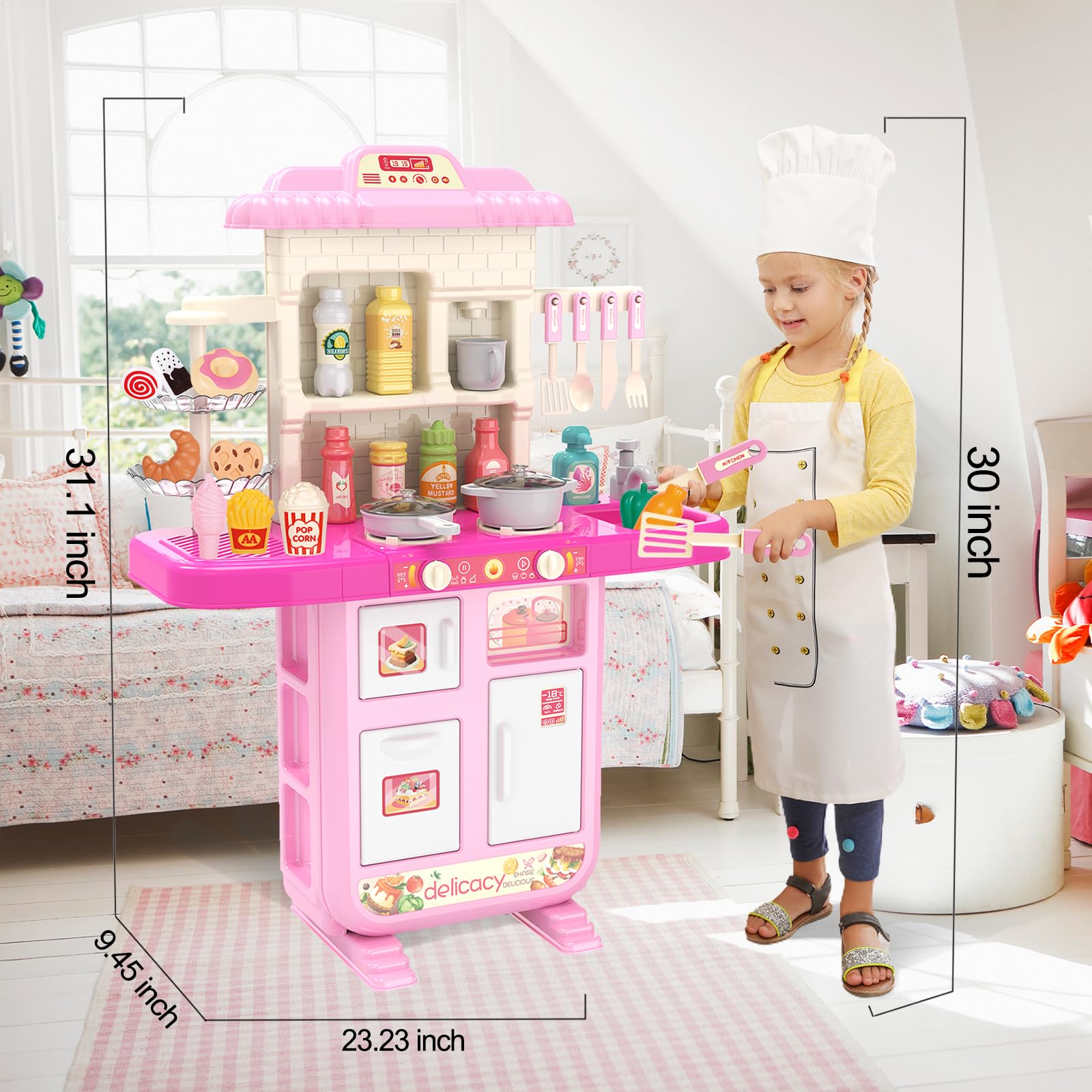 Play Kitchen Girls Toy Pretend Food - Kitchen Toys for Kids Ages 4-8, Kitchen Set for Toddlers 1-3, Play Kitchen Accessories w/Real Sounds Light, for Girls Boys Age 2 3 4 5 6 7