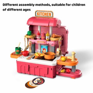 MUGEYMYD Kids Kitchen Playset for Toddlers 3-10 Years old,Pretend Play Kitchen Food Toy Accessories for boys and girls with Realistic Lights & Sounds, Play Sink, Easy to Assemble, Pink.