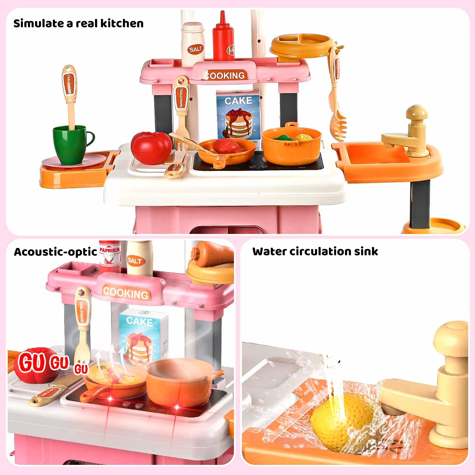 MUGEYMYD Kids Kitchen Playset for Toddlers 3-10 Years old,Pretend Play Kitchen Food Toy Accessories for boys and girls with Realistic Lights & Sounds, Play Sink, Easy to Assemble, Pink.