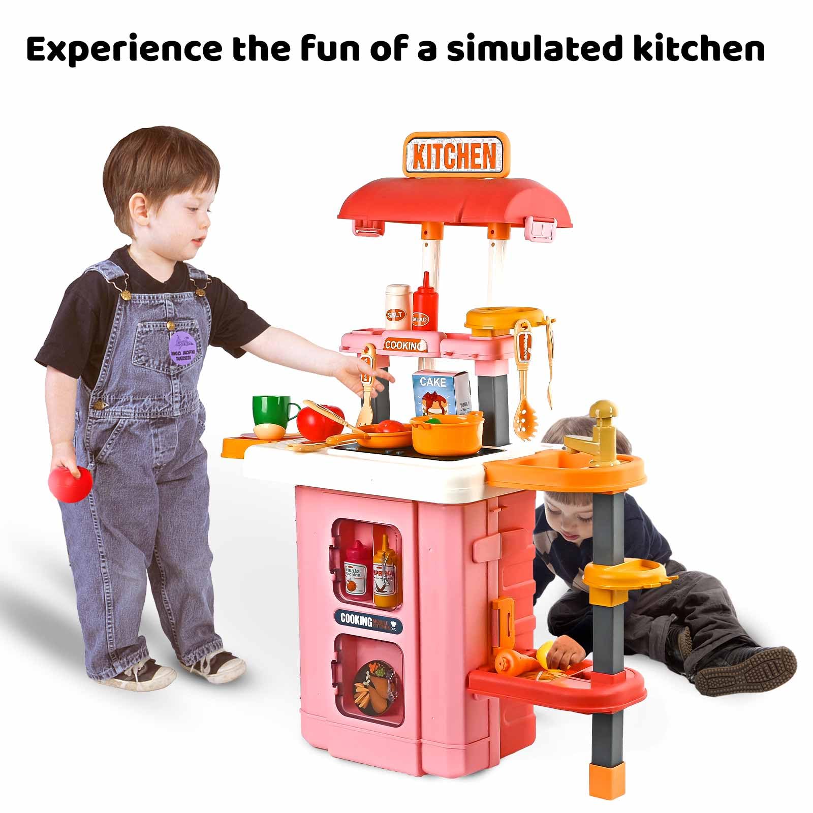 MUGEYMYD Kids Kitchen Playset for Toddlers 3-10 Years old,Pretend Play Kitchen Food Toy Accessories for boys and girls with Realistic Lights & Sounds, Play Sink, Easy to Assemble, Pink.