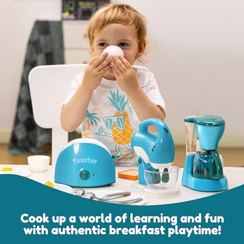 Joyin Play Kitchen Toys, Pretend Play Kitchen Appliances Toy Set with Coffee Maker, Mixer, Toaster with Realistic Lights& Sounds, Birthday Gift for Kids Ages 2 3 4 5, Blue