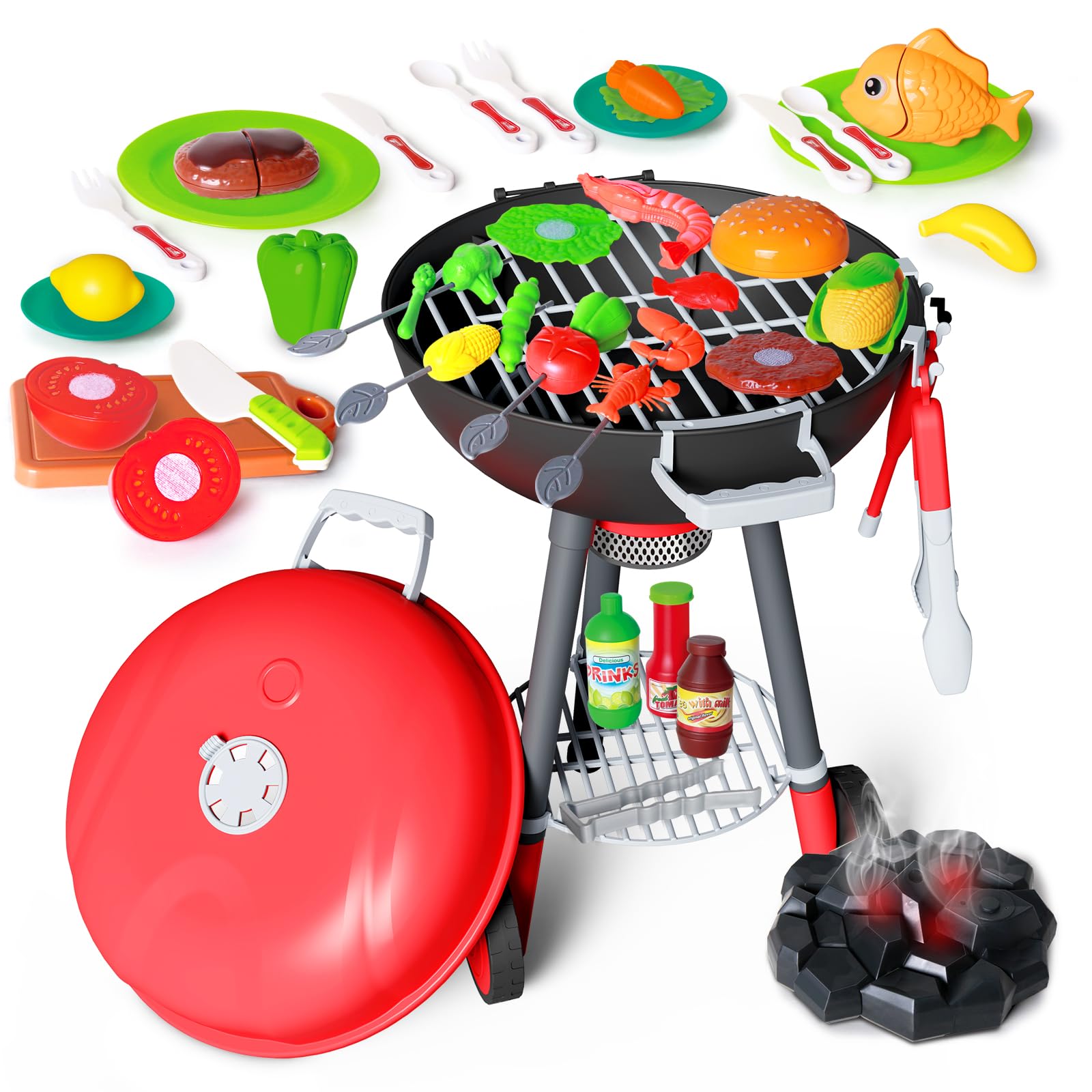 Yalujumb 68PCS Toy BBQ Grill Set,Kitchen Toy Set,Barbecue Kitchen Cooking Playset with Realistic Spray,Light&Sound,Kids Grill Playset Interactive BBQ Toy Set for Kids