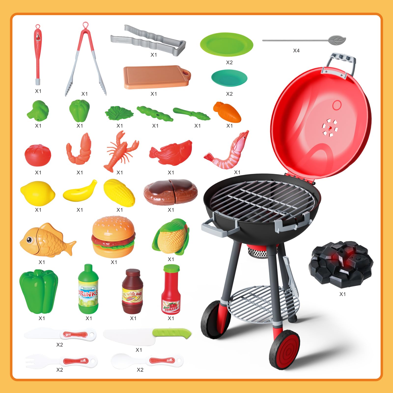 Yalujumb 68PCS Toy BBQ Grill Set,Kitchen Toy Set,Barbecue Kitchen Cooking Playset with Realistic Spray,Light&Sound,Kids Grill Playset Interactive BBQ Toy Set for Kids