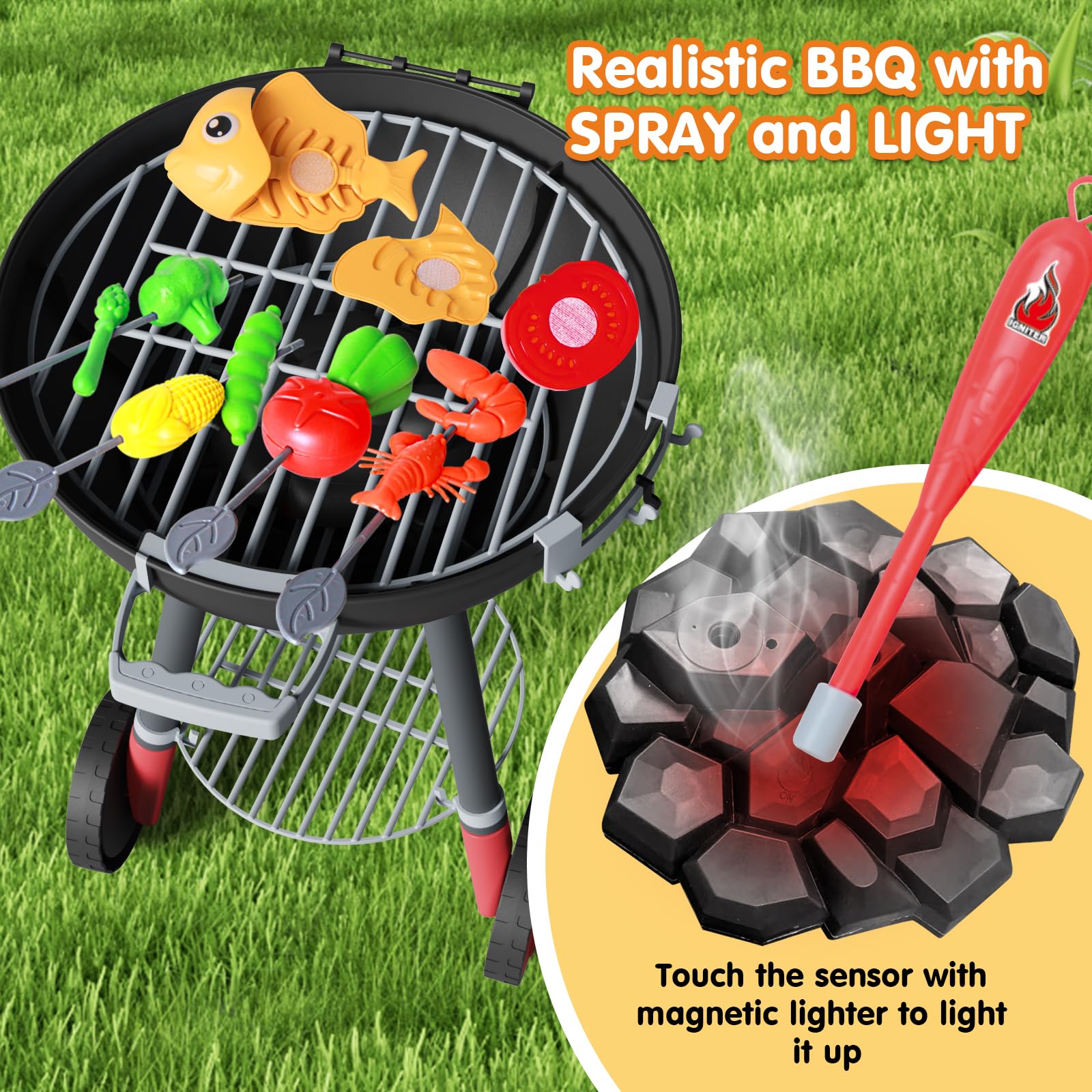 Yalujumb 68PCS Toy BBQ Grill Set,Kitchen Toy Set,Barbecue Kitchen Cooking Playset with Realistic Spray,Light&Sound,Kids Grill Playset Interactive BBQ Toy Set for Kids