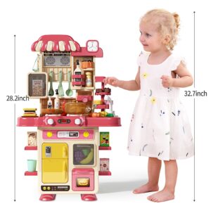 Deejoy 48Pcs Kitchen Playset for Boys & Girls, Kid Play Kitchen with Realistic Lights & Sounds, Spray Sink, Pretend Food Toys Kitchen for Toddlers (Red)