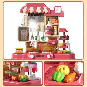 Deejoy 48Pcs Kitchen Playset for Boys & Girls, Kid Play Kitchen with Realistic Lights & Sounds, Spray Sink, Pretend Food Toys Kitchen for Toddlers (Red)