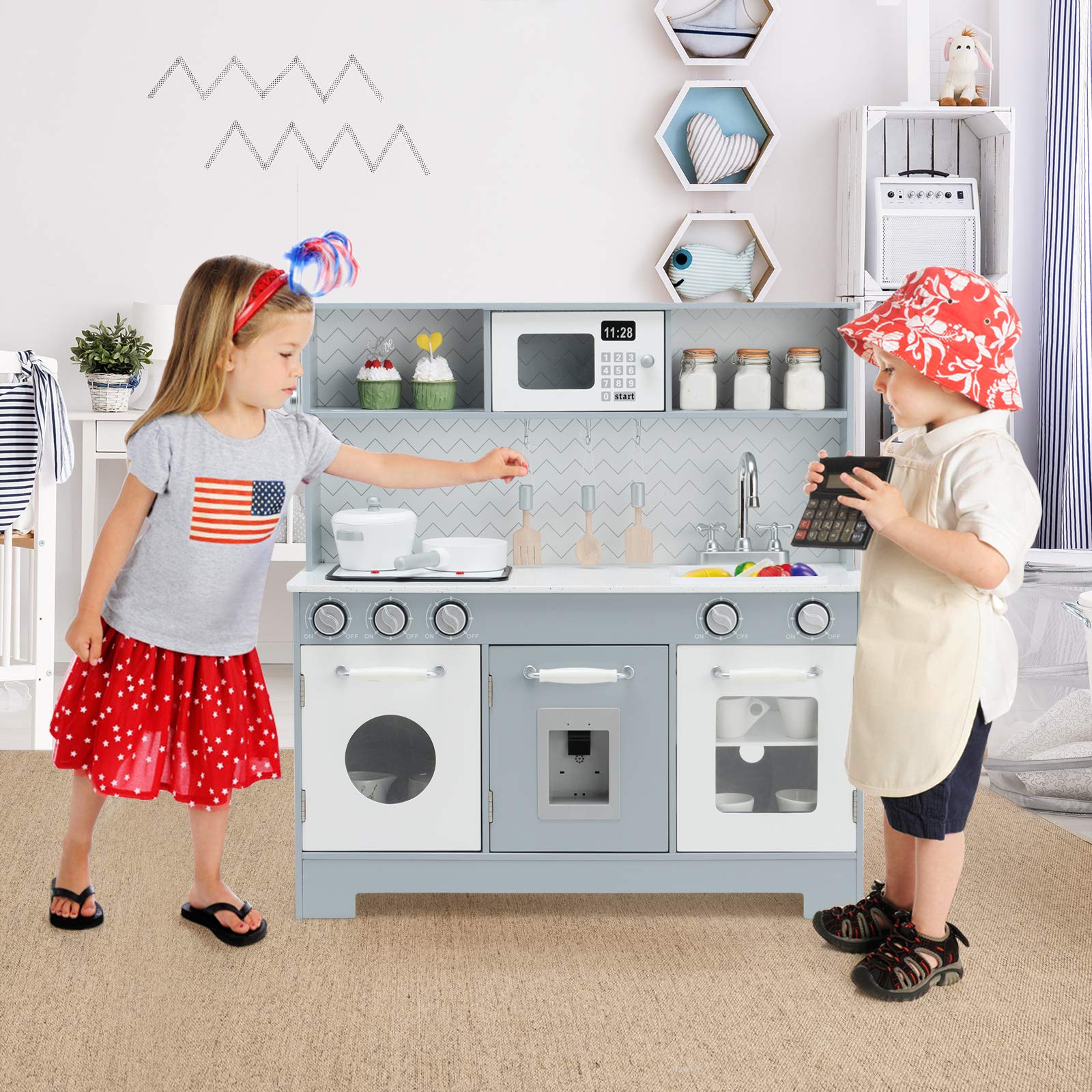 Costzon Kids Kitchen Playset, Wooden Pretend Cooking Playset w/Stove, Fridge, Microwave, Removable Sink, Water Dispenser w/Light Sound, Cabinets, Great Gift for Boys Girls