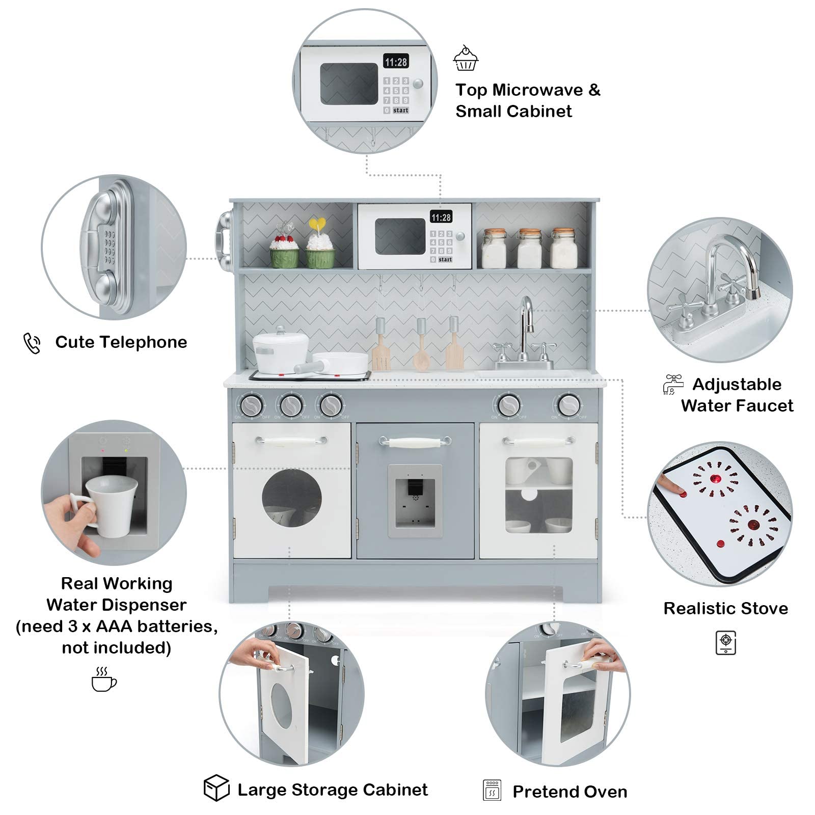 Costzon Kids Kitchen Playset, Wooden Pretend Cooking Playset w/Stove, Fridge, Microwave, Removable Sink, Water Dispenser w/Light Sound, Cabinets, Great Gift for Boys Girls