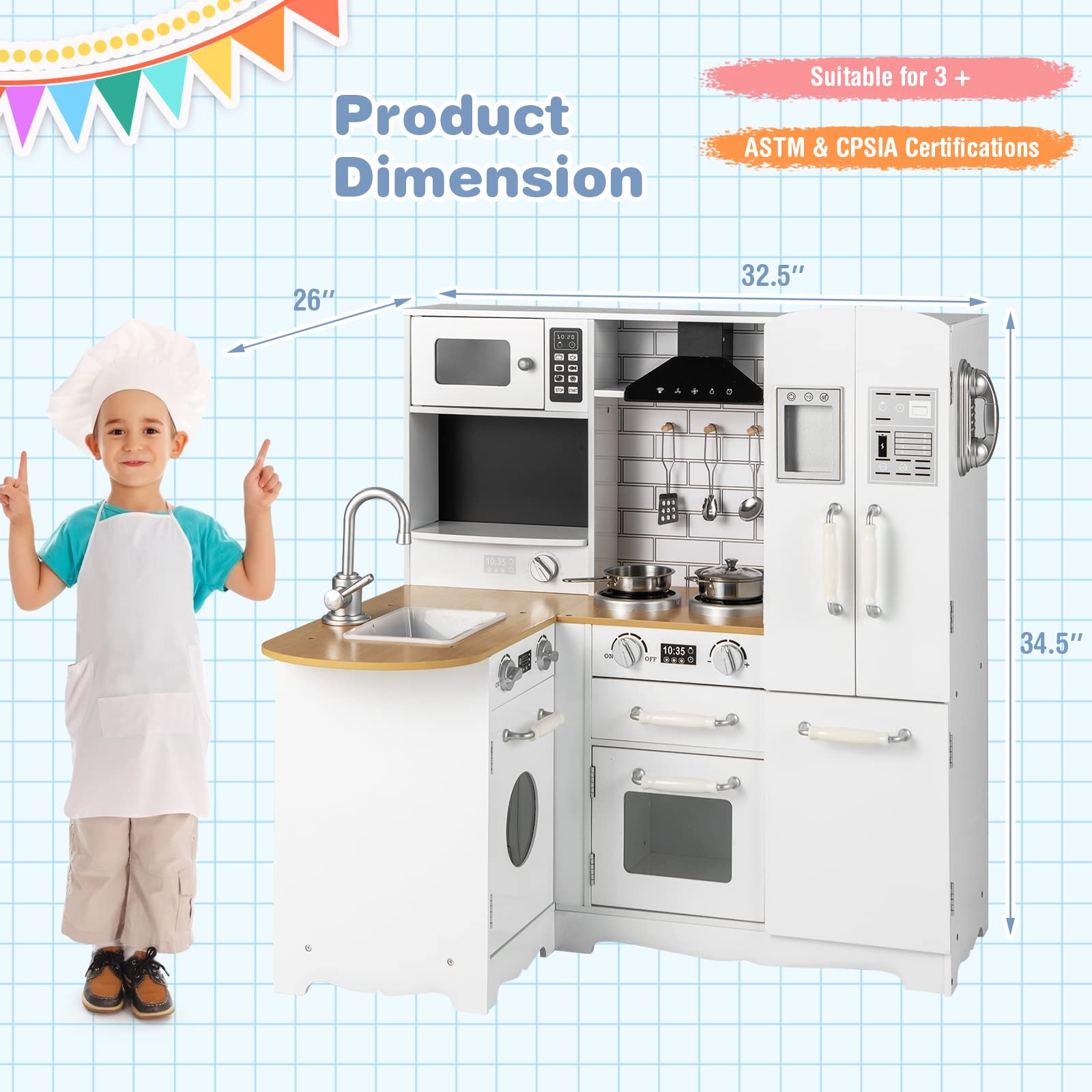 Costzon Kids Corner Kitchen Playset, 11-in-1 Wooden Play Kitchen Toy Set w/Realistic Washing Machine, Microwave, Oven, Stove, Refrigerator, Water Dispenser, Range Hood, Telephone, Utensils, Sink