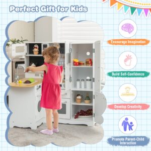 Costzon Kids Corner Kitchen Playset, 11-in-1 Wooden Play Kitchen Toy Set w/Realistic Washing Machine, Microwave, Oven, Stove, Refrigerator, Water Dispenser, Range Hood, Telephone, Utensils, Sink