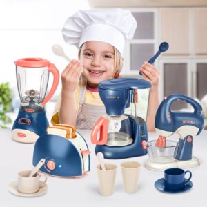 Yalujumb Pretend Play Kitchen Appliances Toy Set with Coffee Maker Machine,Blender, Mixer and Toaster with Realistic Light and Sounds for Kids Ages 4-8