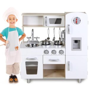 clevich wooden play kitchen for kids, toddlers vintage kitchen toy set w/pretend phone, ice maker, modern realistic playset chef w/cookware accessories, microwave, sink, oven, white