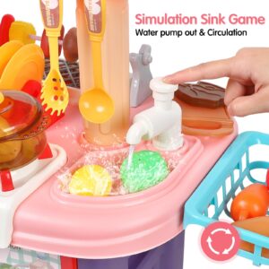 2 in 1 Kids Kitchen Playset & BBQ Grill Set, Toddler Play Kitchen with Realistic Light Sound Steam & Play Sink