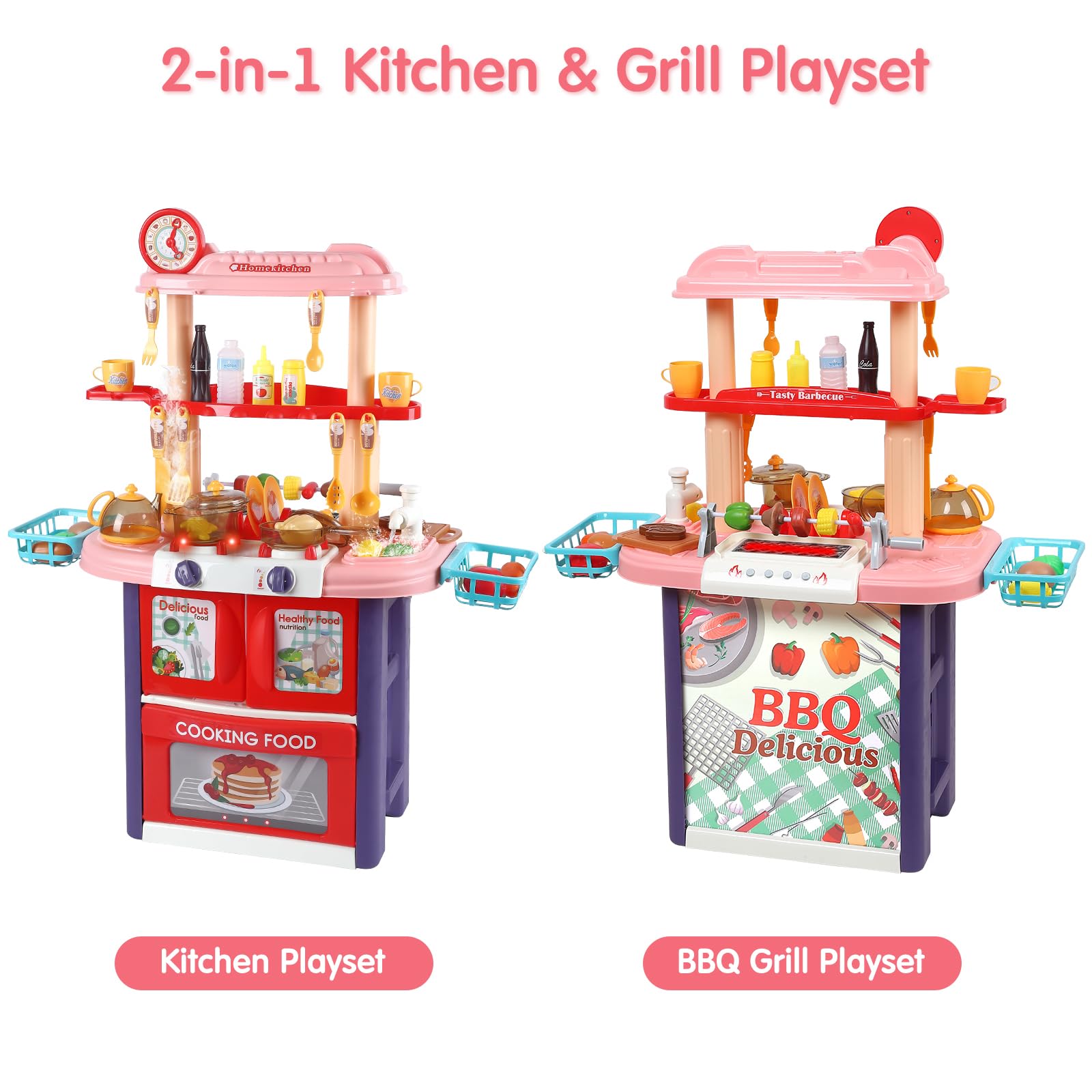 2 in 1 Kids Kitchen Playset & BBQ Grill Set, Toddler Play Kitchen with Realistic Light Sound Steam & Play Sink