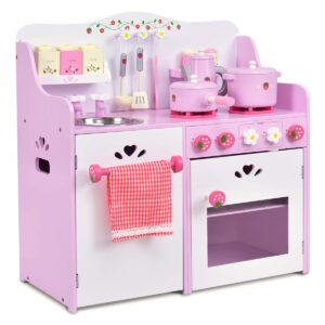 Costzon Kids Kitchen Playset, Wooden Pink Strawberry Themed Pretend Toy Set with 13-Pieces Cookware, Realistic Sound, Pot, Pan, Sink, Oven, Kitchen Set Gift for Toddlers, Girls