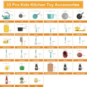 Zero Zoo 33Pcs Kids Kitchen Toy Accessories, Toddler Pretend Cooking Playset with Play Pots, Pans, Utensils, Cookware, Canned Vegetables, Cut Play Foods, Learning Gift for Girls Boys (33 Pcs-Green)