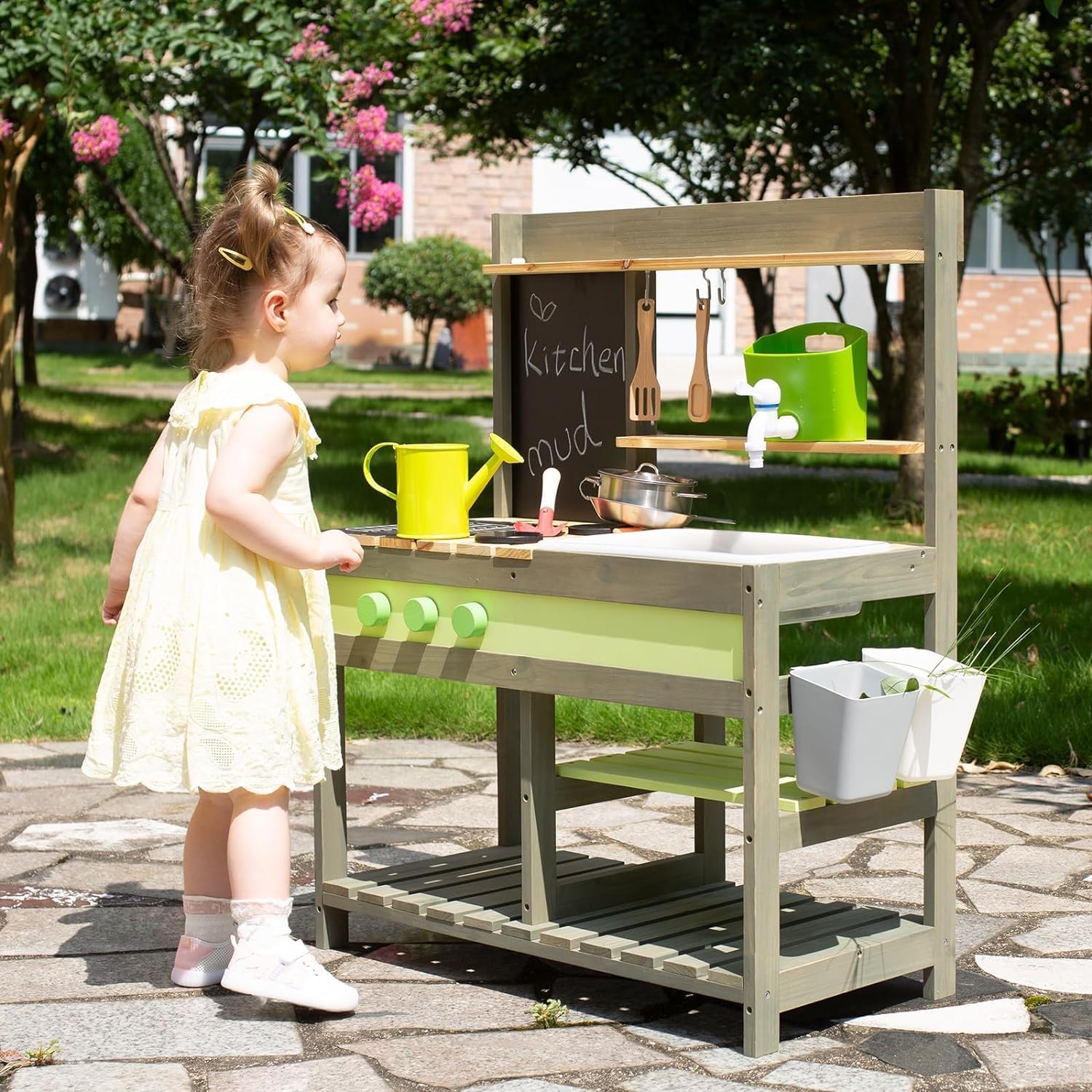 Giant bean Mud Kitchen Playset for Kids, Deluxe Wooden Toy Play Kitchen Set for Boys and Girls Ages 3-8 Indoor & Outdoor Activities, with Sand and Water Sink, Cookware Pots and Kitchen Accessories