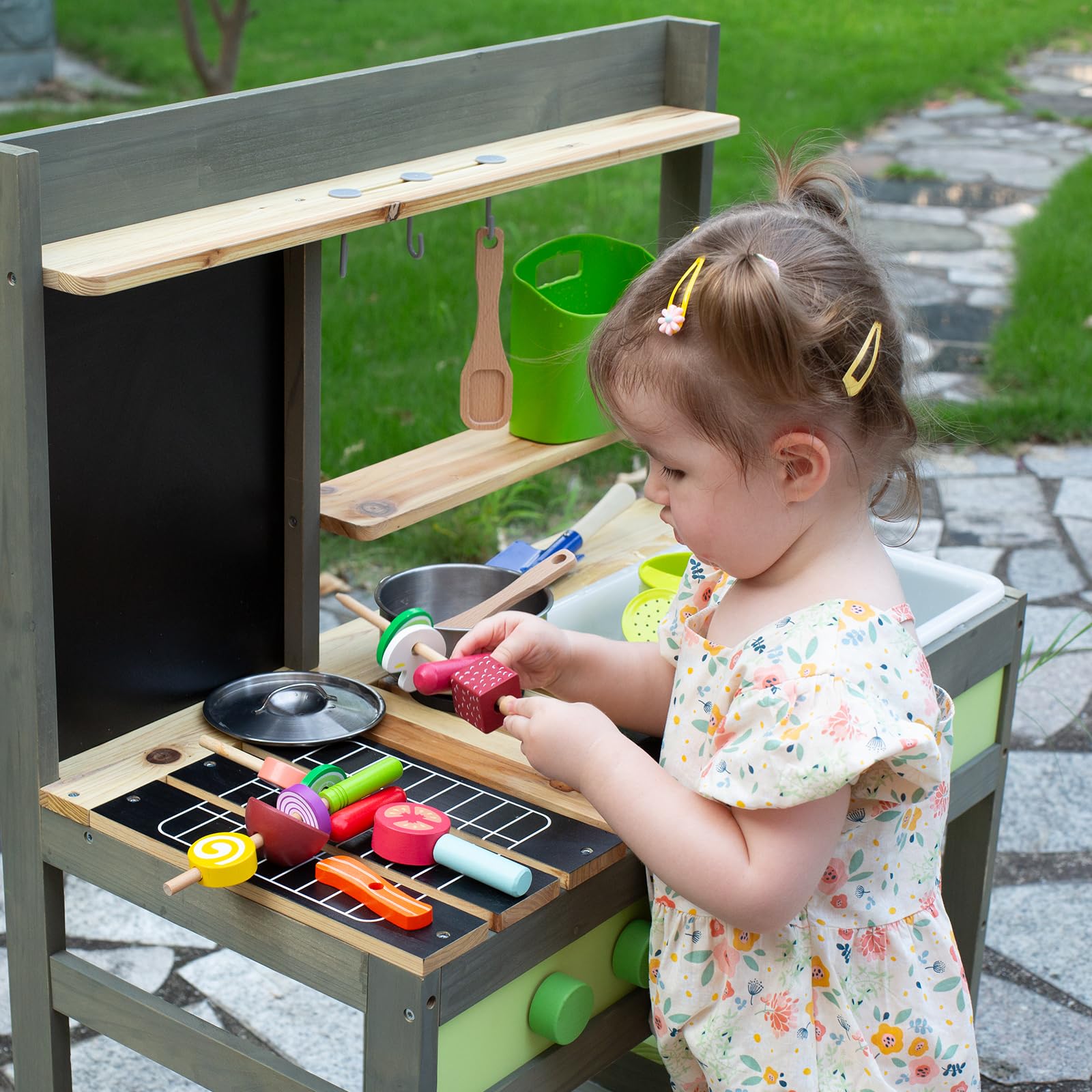 Giant bean Mud Kitchen Playset for Kids, Deluxe Wooden Toy Play Kitchen Set for Boys and Girls Ages 3-8 Indoor & Outdoor Activities, with Sand and Water Sink, Cookware Pots and Kitchen Accessories