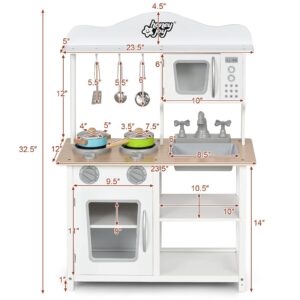 HONEY JOY Kids Wooden Kitchen Playset With Microwave, Sink, Stove & Oven, Cooking Accessories, Storage Shelf, Pretend Play Toy Kitchen Set, Gift for Boys Girls