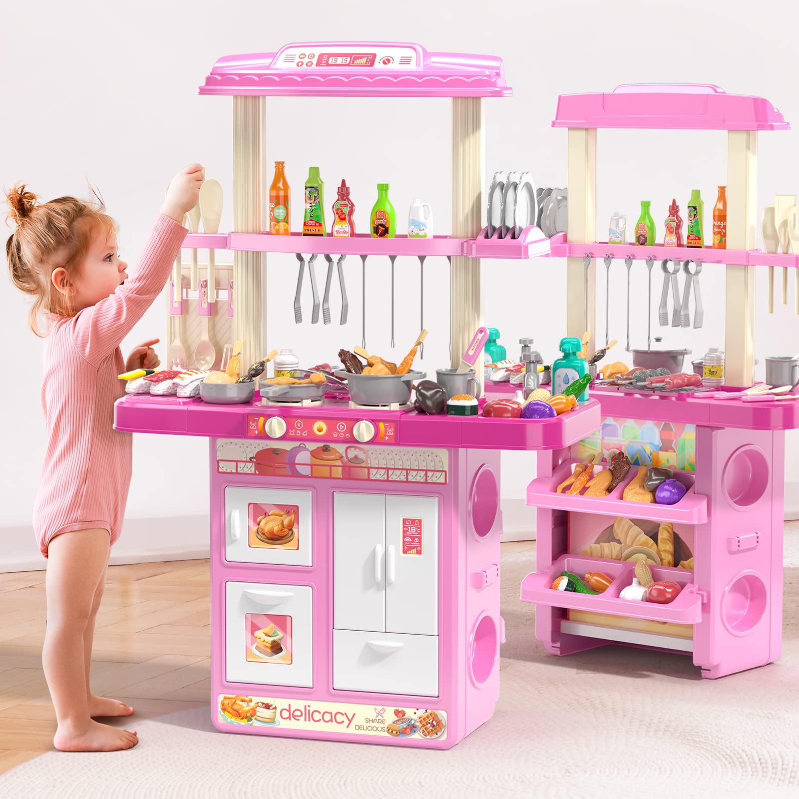 TEMI 2-in-1 Kitchen & Grill Playset for Kids - With 60-Piece Accessories, Sounds & Lights | Pretend Play Kitchen Set for 3+ Year Old Girls & Boys