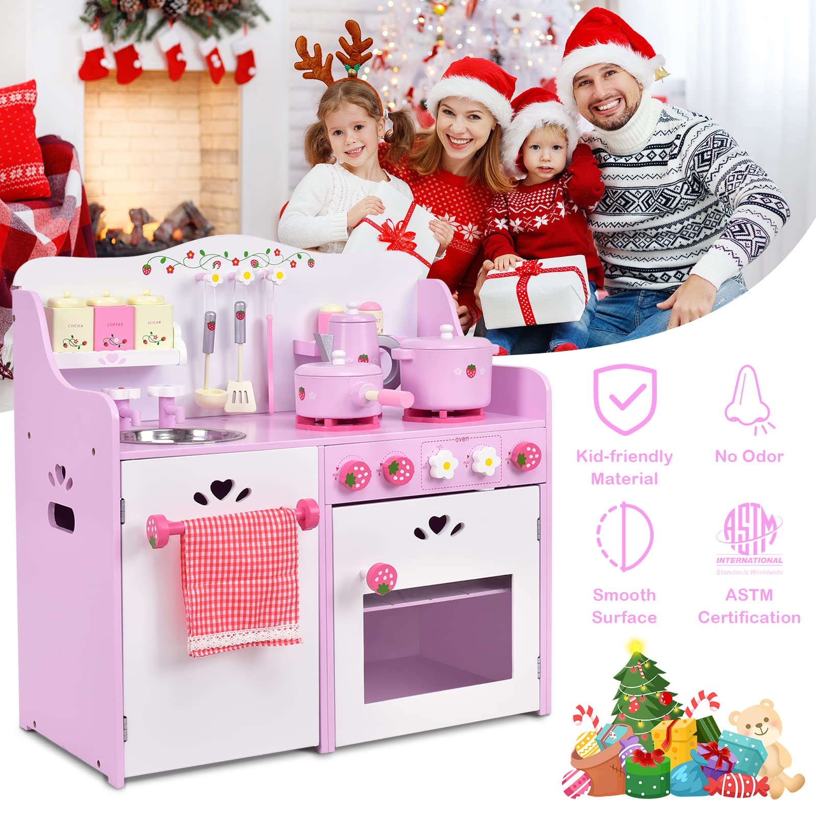 KOTEK Play Kitchen, Wooden Toddler Kitchen Playset with Sounds, 13 Pcs Accessories & Storage Cabinets, Pink Chef Pretend Play Toy with Sink & Stove, Kitchen Set for Kids, Gift for Girls Boys