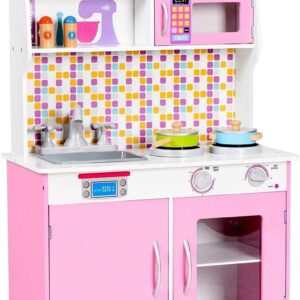 Fireflowery Kids Kitchen Playset, Wooden Cookware Set with Removable Sink, Pegs on The Wall, Microwave,Top Display Shelf, Play Kitchen for Toddlers 3+ (Pink)