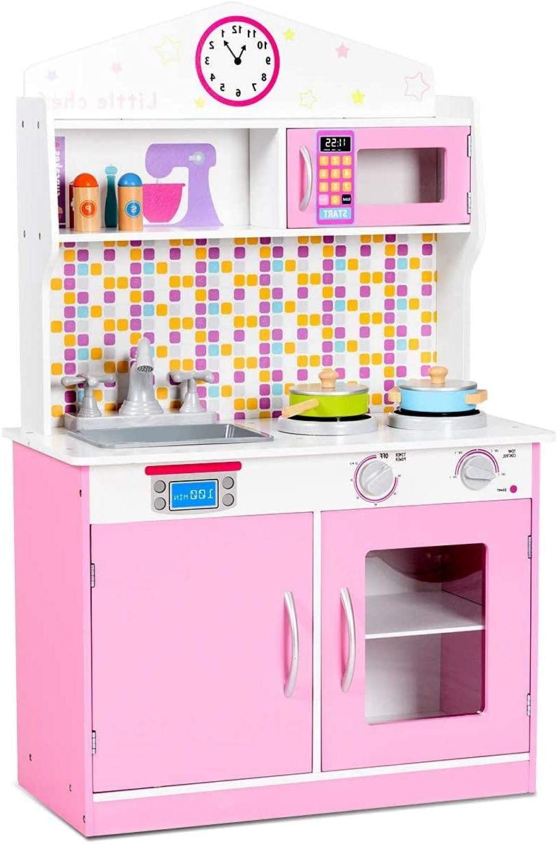 Fireflowery Kids Kitchen Playset, Wooden Cookware Set with Removable Sink, Pegs on The Wall, Microwave,Top Display Shelf, Play Kitchen for Toddlers 3+ (Pink)