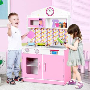 Fireflowery Kids Kitchen Playset, Wooden Cookware Set with Removable Sink, Pegs on The Wall, Microwave,Top Display Shelf, Play Kitchen for Toddlers 3+ (Pink)