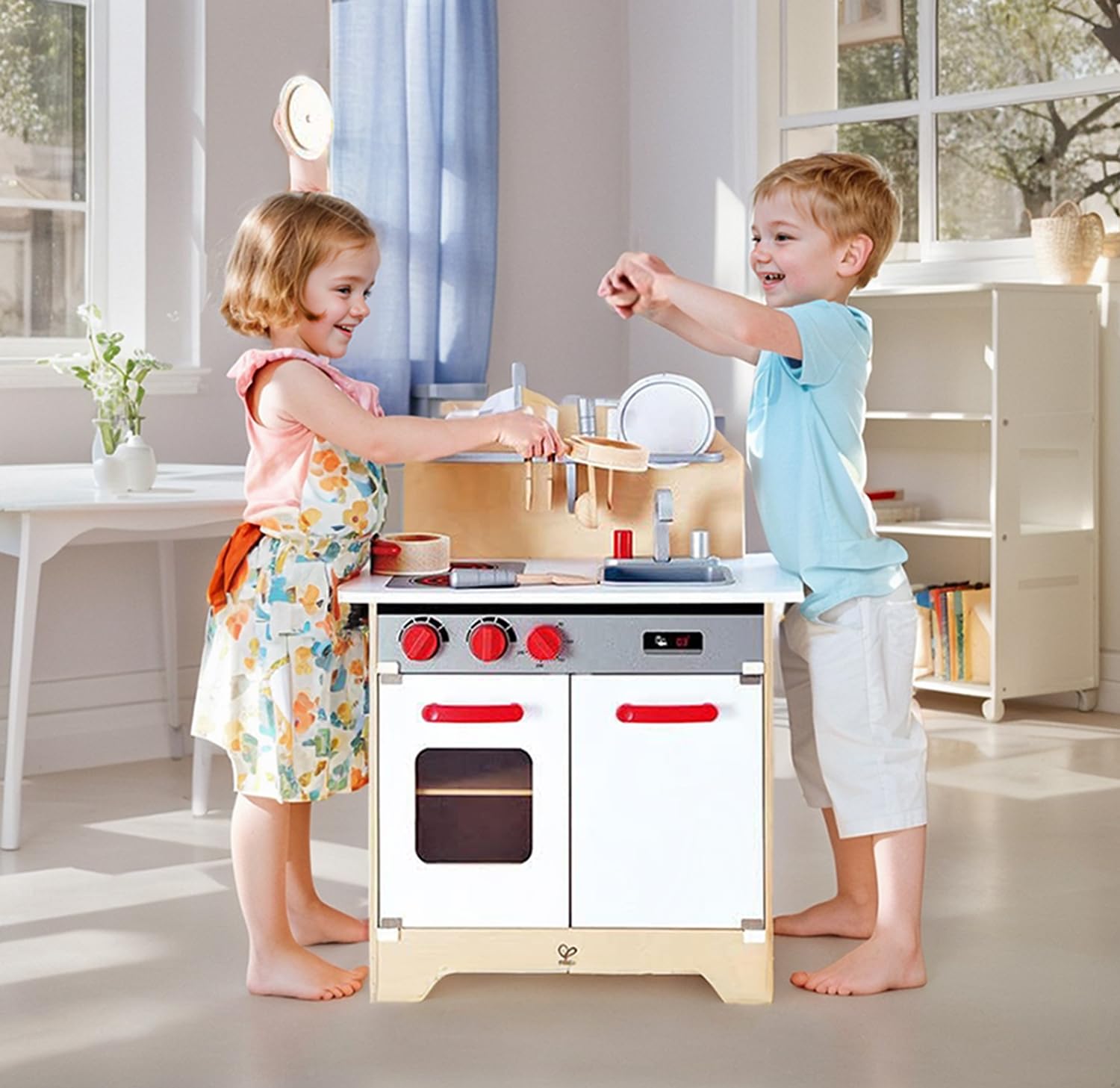 Hape Gourmet Kitchen Toy Fully Equipped Wooden Pretend Play Kitchen Set with Sink, Stove, Baking Oven, Cabinet, Turnable Knobs & Spice Shelf, White