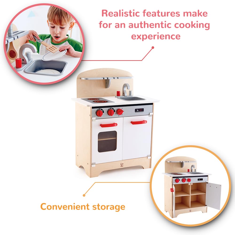 Hape Gourmet Kitchen Toy Fully Equipped Wooden Pretend Play Kitchen Set with Sink, Stove, Baking Oven, Cabinet, Turnable Knobs & Spice Shelf, White