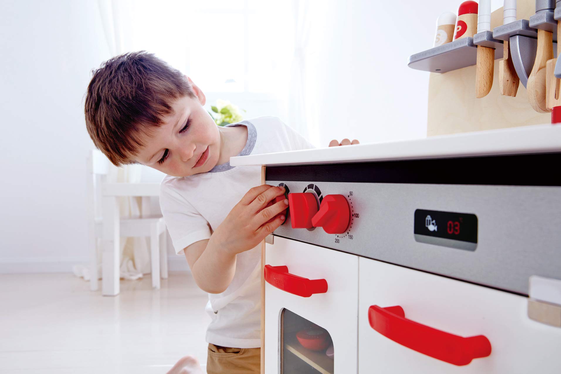 Hape Gourmet Kitchen Toy Fully Equipped Wooden Pretend Play Kitchen Set with Sink, Stove, Baking Oven, Cabinet, Turnable Knobs & Spice Shelf, White