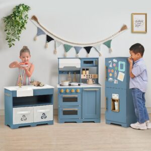 Teamson Kids Little Chef Atlanta Large Modular Wooden Play Kitchen with Interactive, Realistic Features, and 17 Kitchen Accessories, for 3yrs and up, Blue/White/Gold