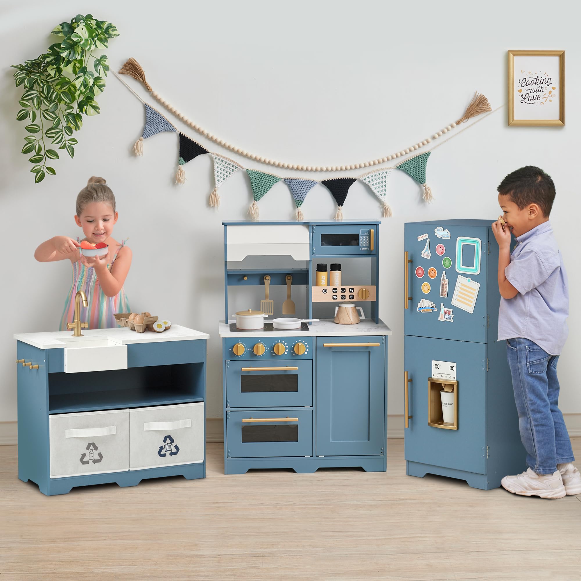 Teamson Kids Little Chef Atlanta Large Modular Wooden Play Kitchen with Interactive, Realistic Features, and 17 Kitchen Accessories, for 3yrs and up, Blue/White/Gold