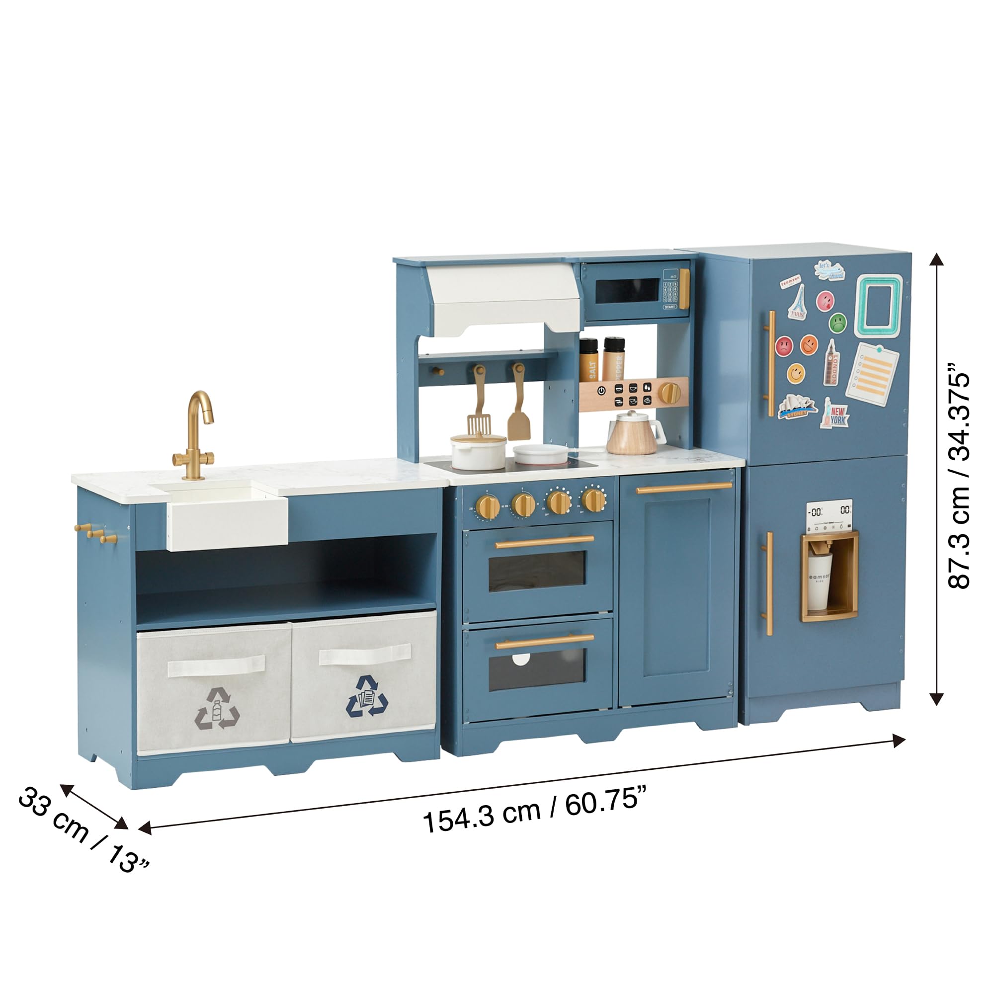 Teamson Kids Little Chef Atlanta Large Modular Wooden Play Kitchen with Interactive, Realistic Features, and 17 Kitchen Accessories, for 3yrs and up, Blue/White/Gold