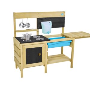 tp toys, deluxe wooden mud kitchen for boys and girls ages 3-8 | kids outdoor kitchen playset with sand and water pan, play sink, and kitchen accessories | fun backyard pretend play for toddlers.