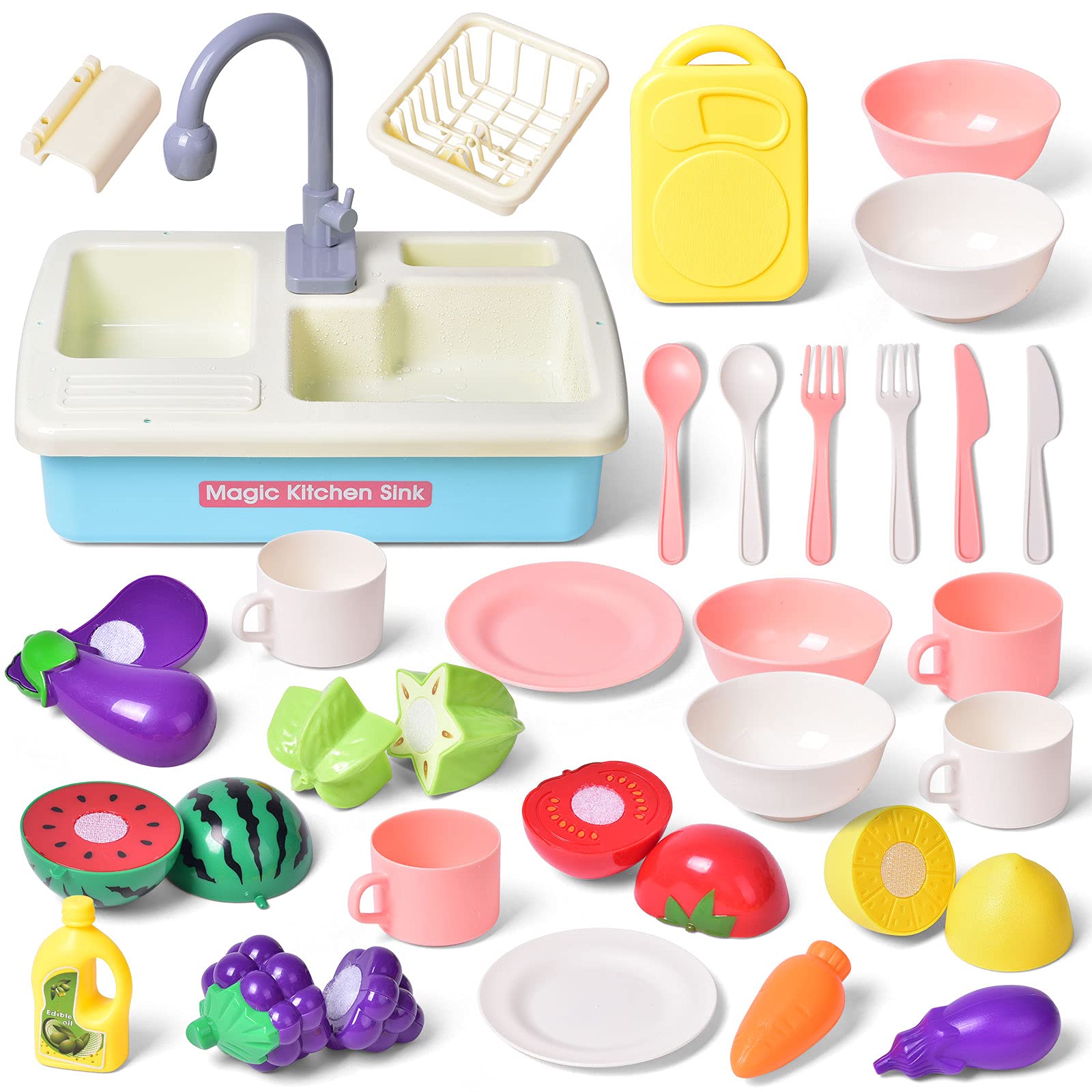 FUN LITTLE TOYS Pretend Play Kitchen Sink Toys with Play Cutting Food Water Toys Kitchen Set for Kids Play Kitchen Toys Toddler Kitchen Playset Sink Accessories for Kids Toddlers 29PCs