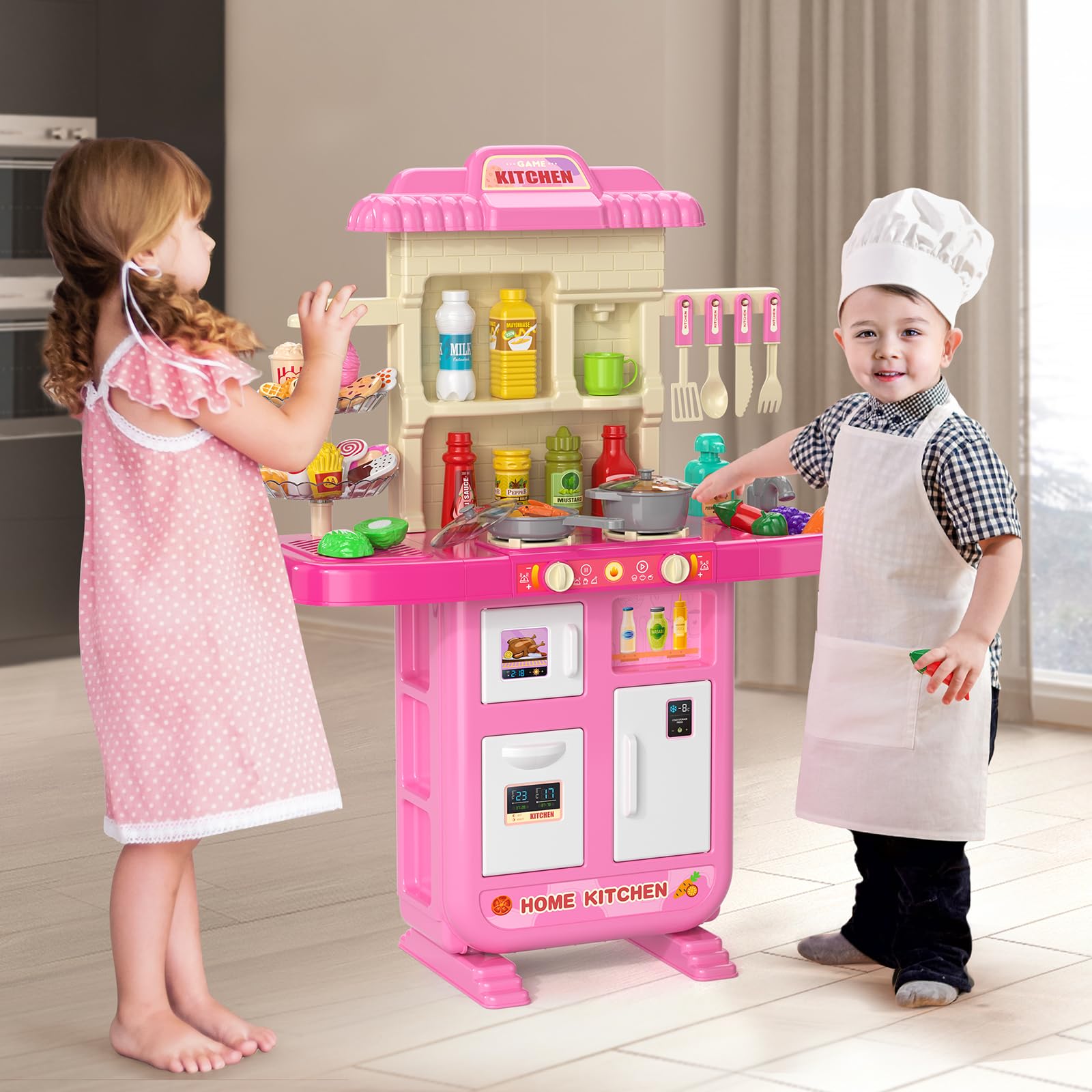 TEMI Pretend Food Kitchen Toys for Kids Ages 4-8, Kitchen Set for Toddlers 1-3, Play Kitchen Accessories w/Real Sounds Light, for Boys, Girls